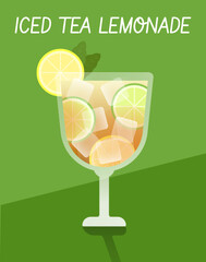 Mixed iced tea and lemonade vector with lemon slices on green background. Bright and refreshing drink style.