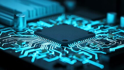 Close-up of a glowing circuit board with a central processor chip - Powered by Adobe