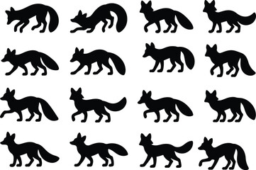 A pattern of sixteen fox silhouettes in various walking and running poses on a white background