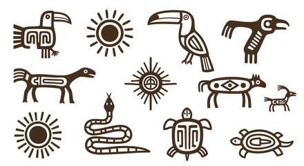 Brown Line Art Depicting Ancient Animal and Sun Symbols on Transparent Background