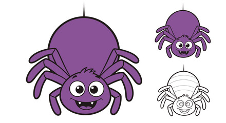 Cartoon Spiders in Purple, Smiling and Hanging, Halloween Theme.