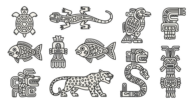 Aztec Style Animal and Deity Glyphs: Detailed Line Art Set