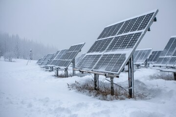 Solar panels covered in snow during winter energy generation