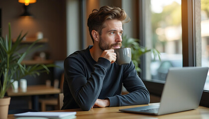 Obraz premium Man working on laptop with coffee break