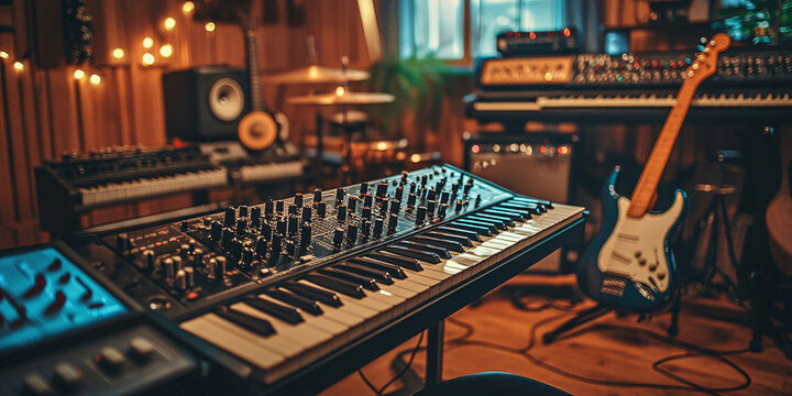 A captivating image of a home music studio featuring a synthesizer, electric guitar, and professional audio equipment.