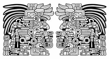 Mirrored Mayan Deity Glyphs Intricate Line Art Design
