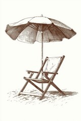 Retro sketch of beach chair and umbrella on sand with vintage style drawing in brown tones on white background