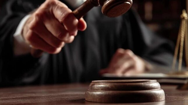 close up photo of a judges hand striking a gavel realistic courtroom photography