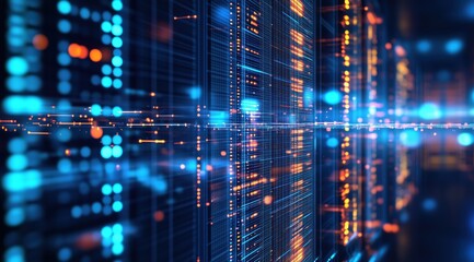 Digital Matrix: Abstract visualization of a digital matrix, showcasing glowing blue and orange nodes interconnected in a complex network, representing data flow and processing power.