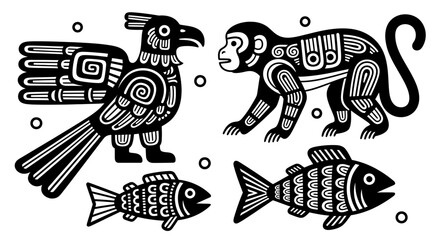 Stylized Aztec-Inspired Eagle, Monkey, and Fish Illustrations with Intricate Black and White Patterns © tere