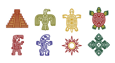 Stylized Mayan glyphs featuring a pyramid, bird, turtles, human figure, monster, sun, and geometric design