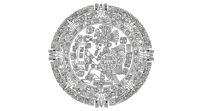 Seated Mayan Priest with Scroll and Ornate Circular Glyphs