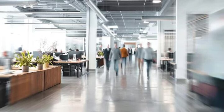 A busy modern openspace office with people walking around plants on the desks white walls and a concrete floor with a blurry motion effect