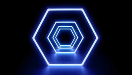 Abstract blue neon hexagon tunnel, glowing light, dark background, futuristic design, modern art, vibrant energy, digital illustration, geometric shapes, perspective