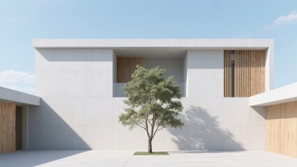 Modern minimalist house with a single tree in front, featuring clean lines and large windows.