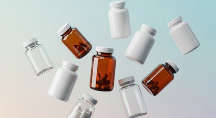 Obraz premium Floating medicine bottles with pills on pastel gradient background