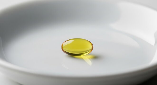 Single yellow softgel pill on white ceramic dish close-up