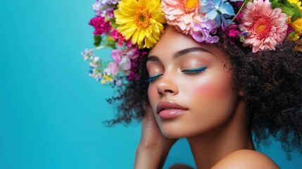 Fototapeta premium A woman with an afro hairstyle adorned with a floral crown, wearing a colorful outfit, posing against a vibrant blue background.
