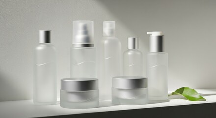 Minimalist frosted glass cosmetic bottles and jars with green leaf