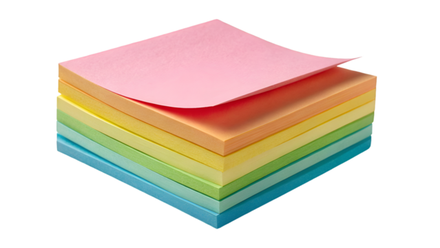 Stack of colorful sticky notes stationery office supplies memo pads reminders organization tool for work or school 100 isolated on transparent background