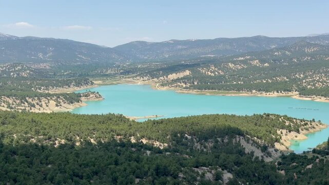 Dreamy aerial view of Korkuteli's hidden lake &mdash; a perfect spot for wanderlust, relaxation. Water reservoir, mountain lake