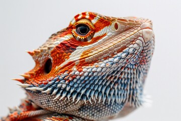 Close up of a bearded dragon with textured scales intense gaze ultra HD detail isolated on a white background