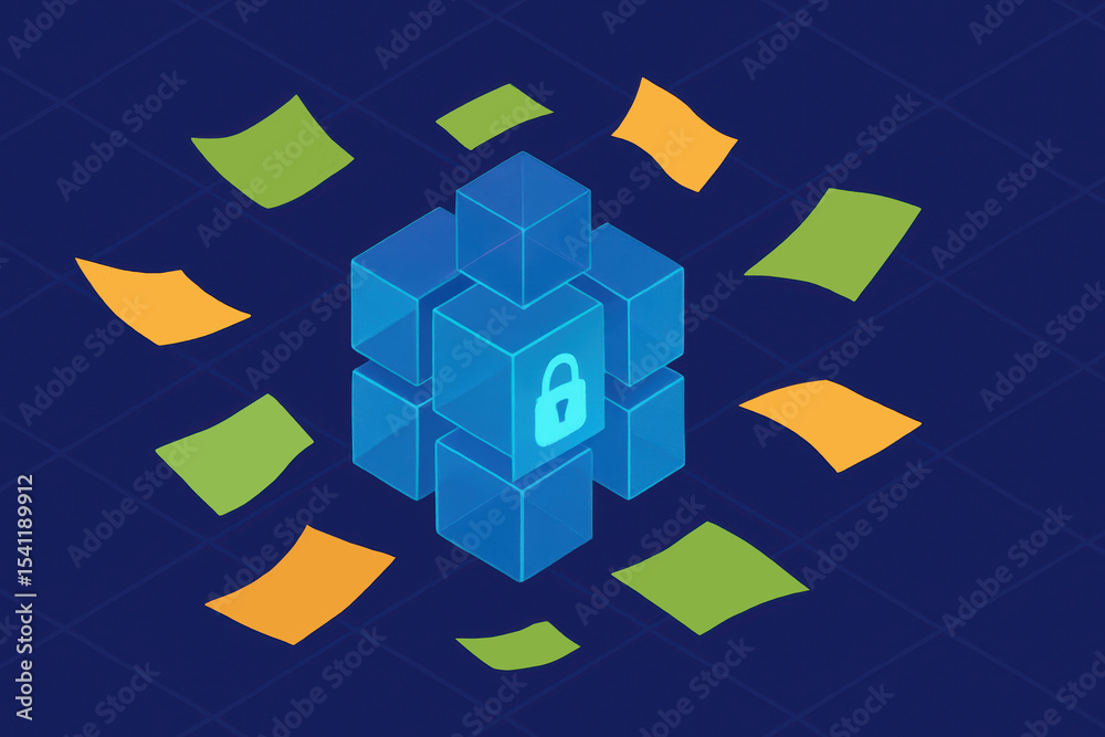 Poster secure data management system with colorful geometric shapes and visual data flow representation