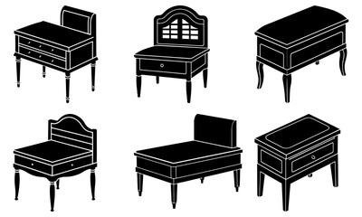 Isometric view of six antique chairs and bedside tables in black and white silhouette style design
