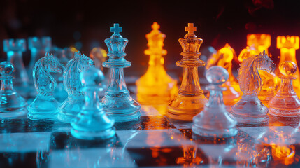Fiery and Icy Chess Pieces Clash on a Reflective Chessboard