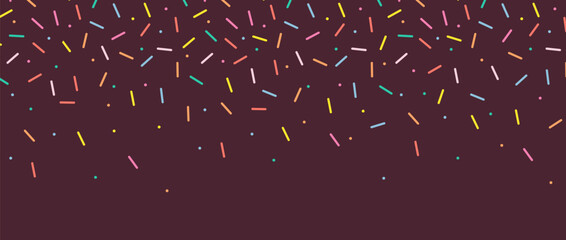 Small Dash Pattern. Colorful falling decorative sprinkles. Seamless pattern on chocolate background. Donut glaze background. Simple Vector Illustration.