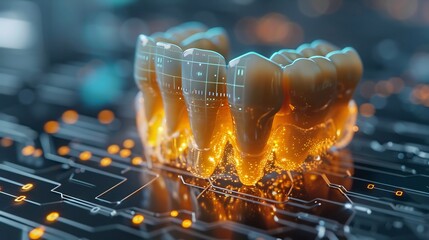 Close up of a bionic tooth with micro sensors detecting food acidity futuristic interface overlay