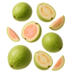 Floating composition of various fresh guavas.