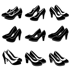 set of female shoes, silhouette of women shoes with heels stilettos model accessory