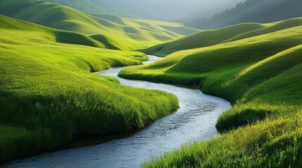 Lush green hills traversed by a meandering stream under a serene sky