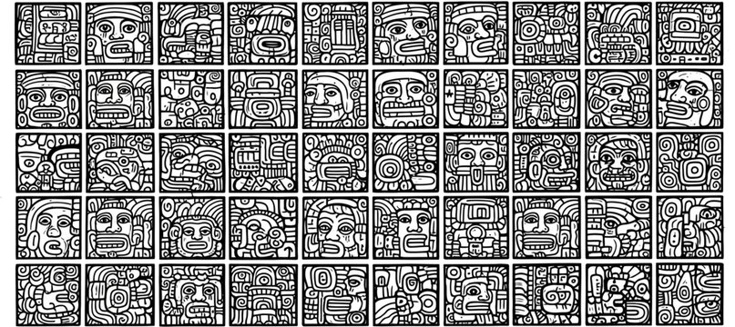Intricate Aztec-Inspired Face Motifs in Black and White Square Tile Grid