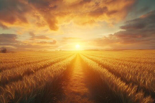 Golden wheat field illuminated by a bright sunrise and dramatic cloudy orange sky