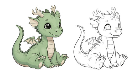 Cute Cartoon Dragon Coloring Page Pair