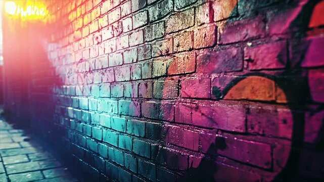 Colorful graffiti on a brick wall in an alleyway