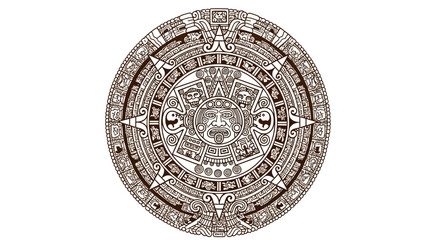 Intricate Aztec Sun Stone Illustration with Central Deity and Calendar Glyphs