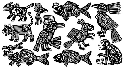 Intricate Aztec-Inspired Animal and Fish Illustrations with Detailed Black and White Designs. © Pemburu