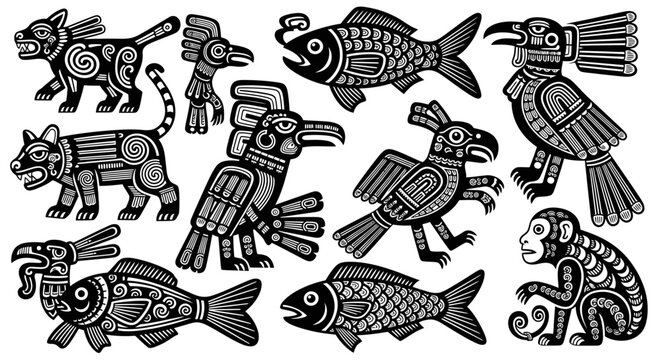 Intricate Aztec-Inspired Animal and Fish Illustrations with Detailed Black and White Designs.