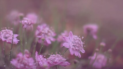 Naklejka premium Delicate pink flowers with glistening water droplets on petals, slender green stems rising gently, soft ethereal quality, blurred muted pink and green background, serene and dreamy atmosphere.