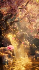 Traditional Chinese golden wealth tree waterfall illustration poster background