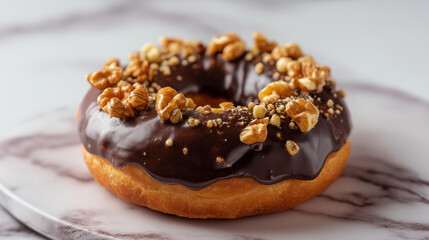 Chocolate glazed donut and walnuts on top Background 2025