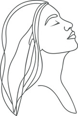 Minimalist line art of a serene woman’s side profile with closed eyes, symbolizing peace and inner strength. Ideal for beauty branding, modern and elegant feminine illustrations.