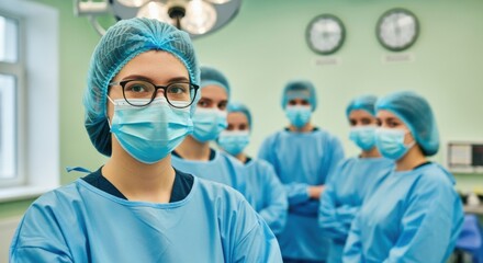 Confident female surgeon in operating room with team