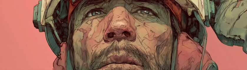 Portrait of oil field worker with cracked helmet and tired eyes