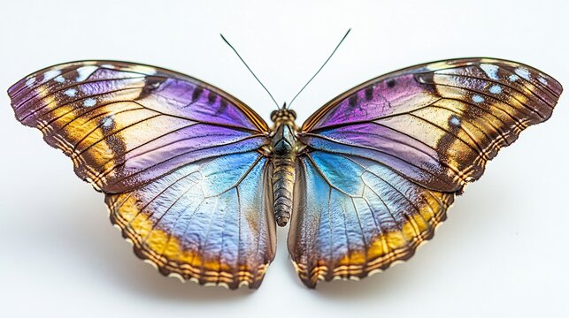Close up of a delicate butterfly resting on a flower wings displaying iridescent hues isolated on a white background