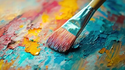 Fototapeta premium A paintbrush with a yellow bristle on a wooden handle, resting on a colorful, textured, abstract painting with a mix of warm and cool colors.