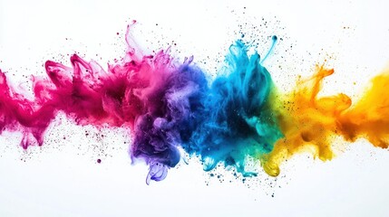 A colorful rainbow of powder-like particles against a white background.